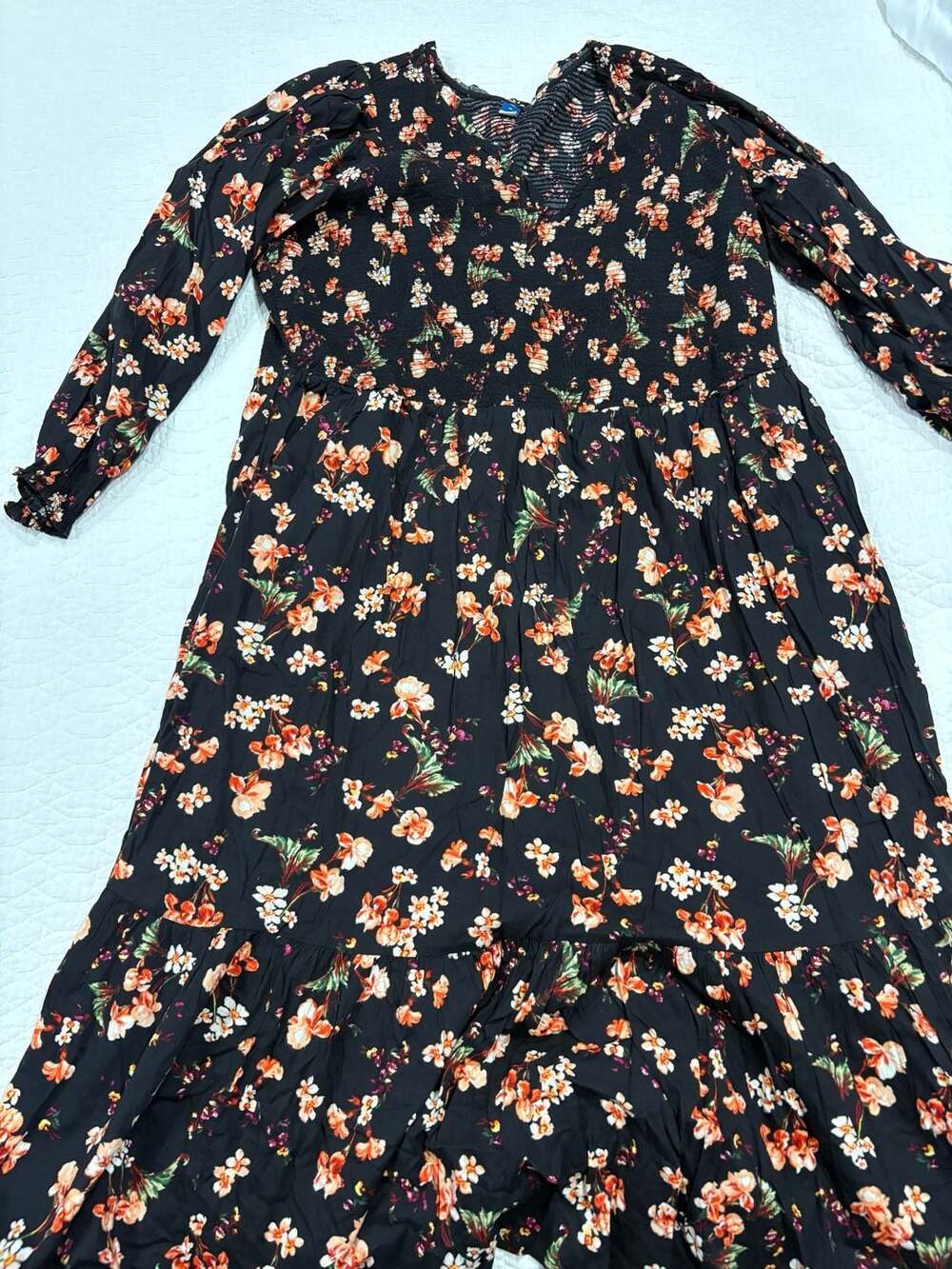 Old Navy Women’s 3X Black Floral Maxi Dress Smocked Long Sleeve Tiered Boho